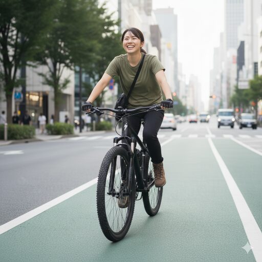 対策を施したマウンテンバイクで、都会の自転車道を笑顔で快適に走る日本人女性。