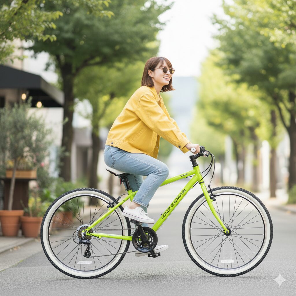 黄色のジャケットとジーンズを着用し、ライムグリーンのルイガノのマウンテンバイクに乗る日本人女性。サングラスを着用し、笑顔で街中を走行している。