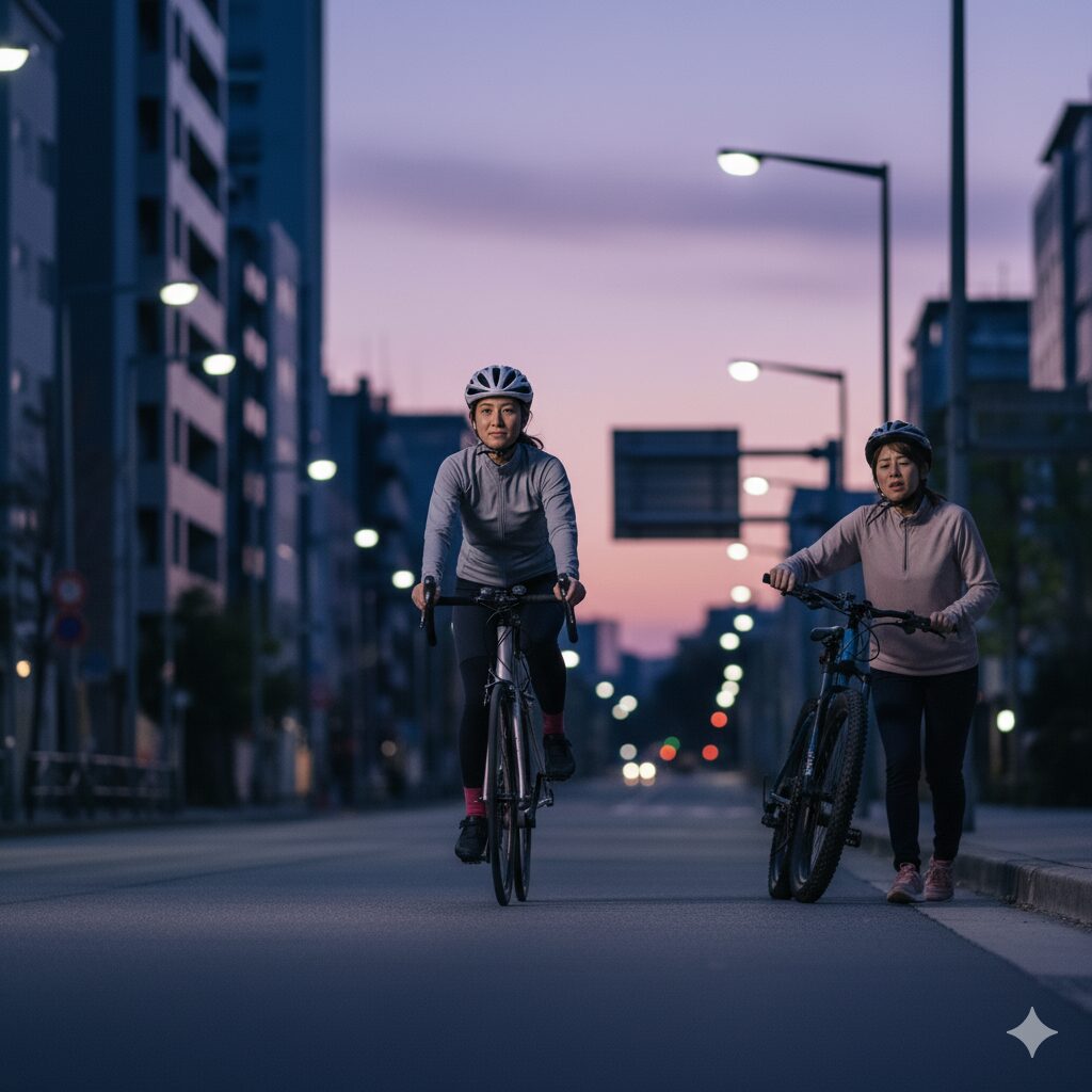 早朝の都会の道を、ヘルメットを着用した二人の日本人女性が自転車に乗っている。一人はロードバイクで爽やかに走り、もう一人はマウンテンバイクを押しながら少し疲れた様子で歩いている。