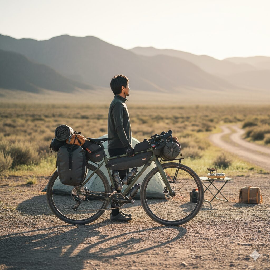 メリダ サイレックス100にフレームバッグやサドルバッグを多数装着した、バイクパッキング（キャンプツーリング）仕様の全体像。