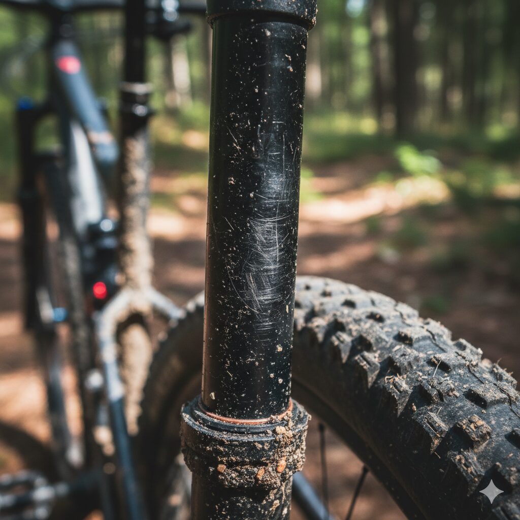 泥が付着したドロッパーシートポストのインナーチューブのクローズアップ。