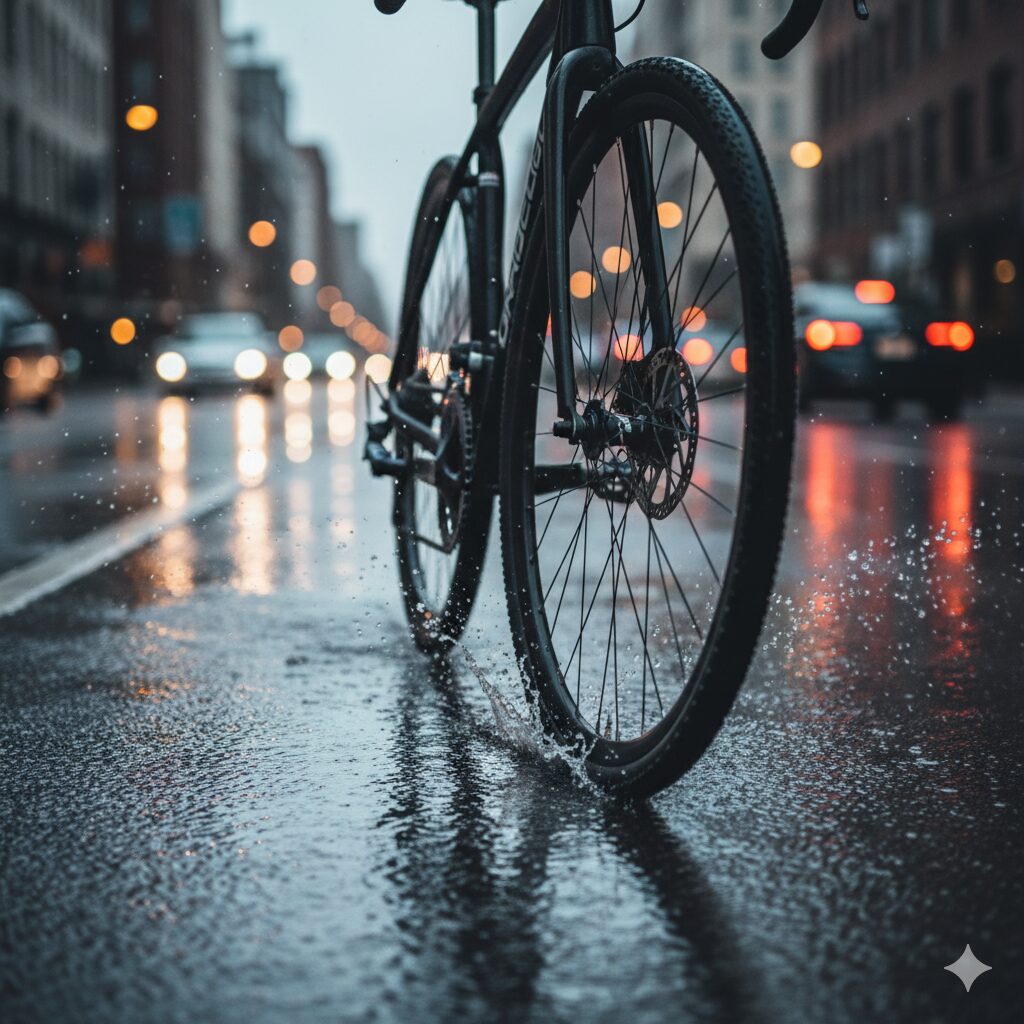雨上がりの濡れた路面を走行するルイガノ製クロスバイクの前輪。ディスクブレーキの性能と安全性を強調するイメージ。