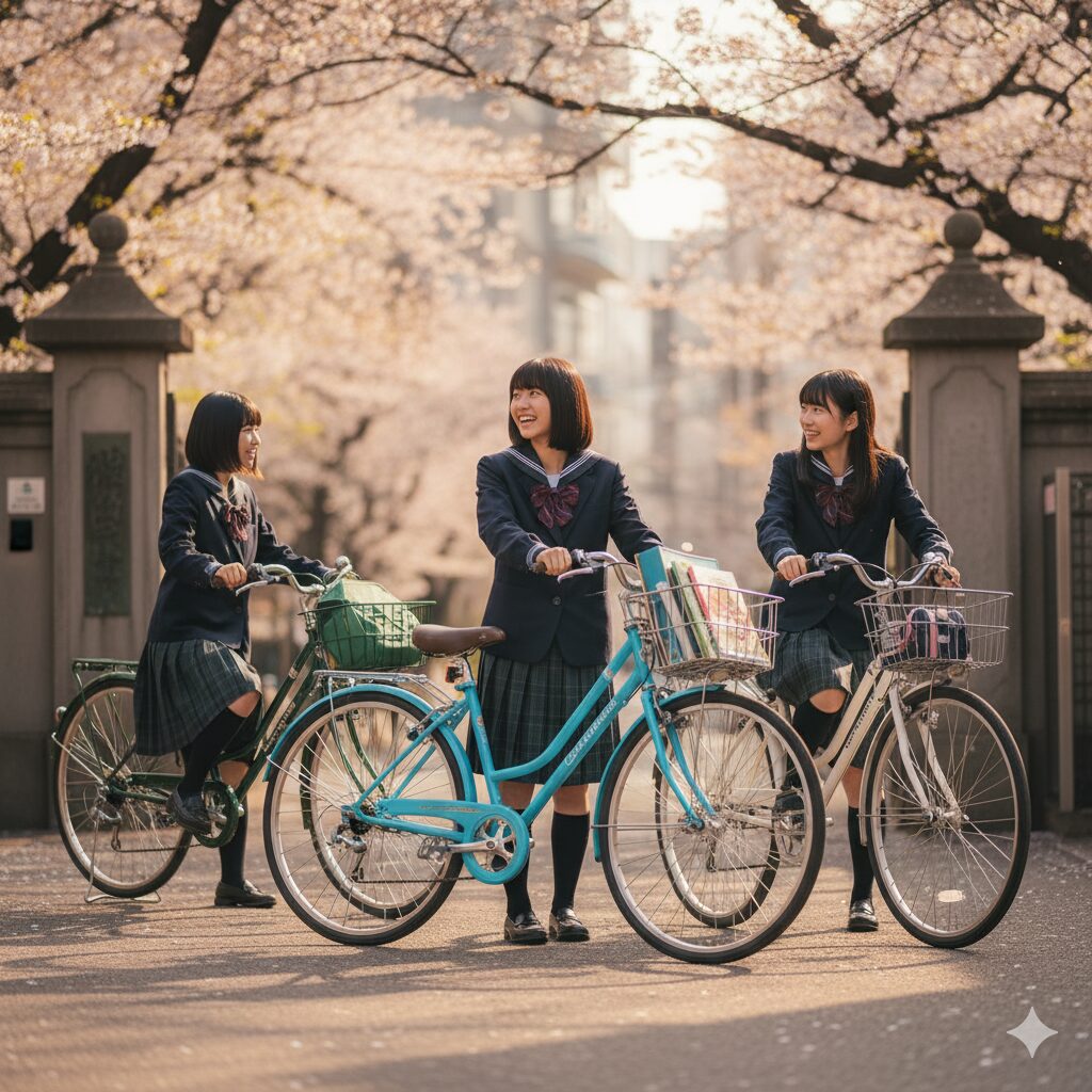 日本の学校の校門前で、制服姿の日本人女子高生がルイガノ製クロスバイクのそばに立って友人との会話を楽しむ様子。