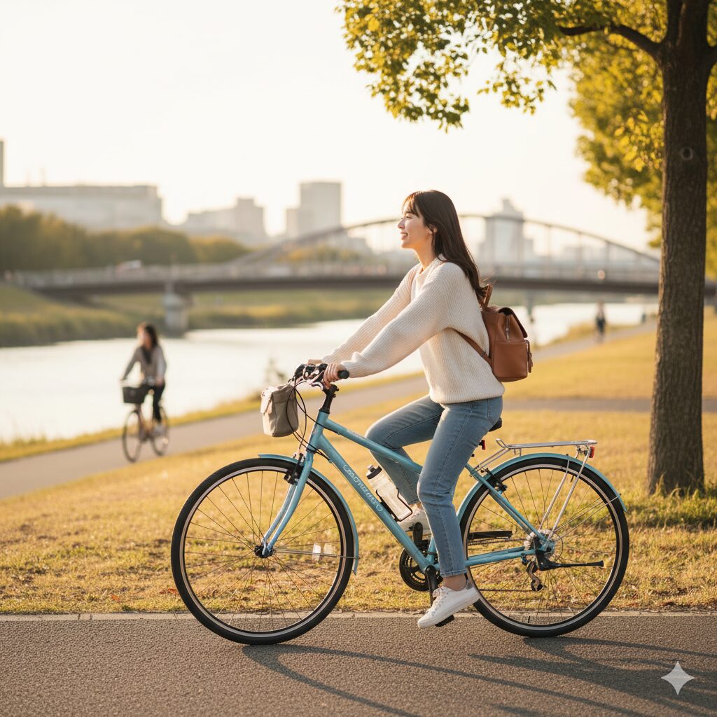晴れた日に川沿いのサイクリングロードを走る日本人女性。ルイガノ製クロスバイクでの週末ポタリングを楽しむ様子。