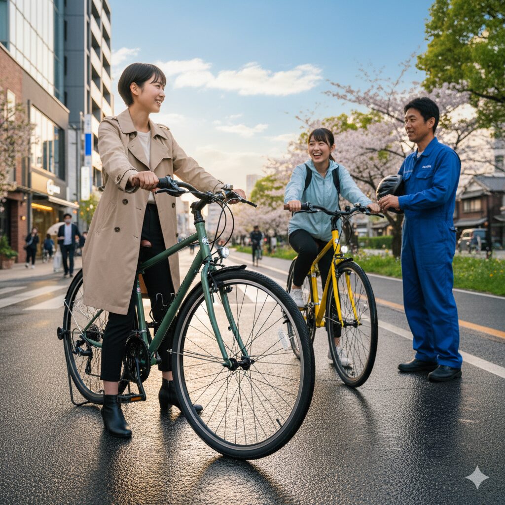 都会の街並みを背景に、洗練された服装の日本人女性がルイガノ製クロスバイクにまたがって信号待ちをしている様子。