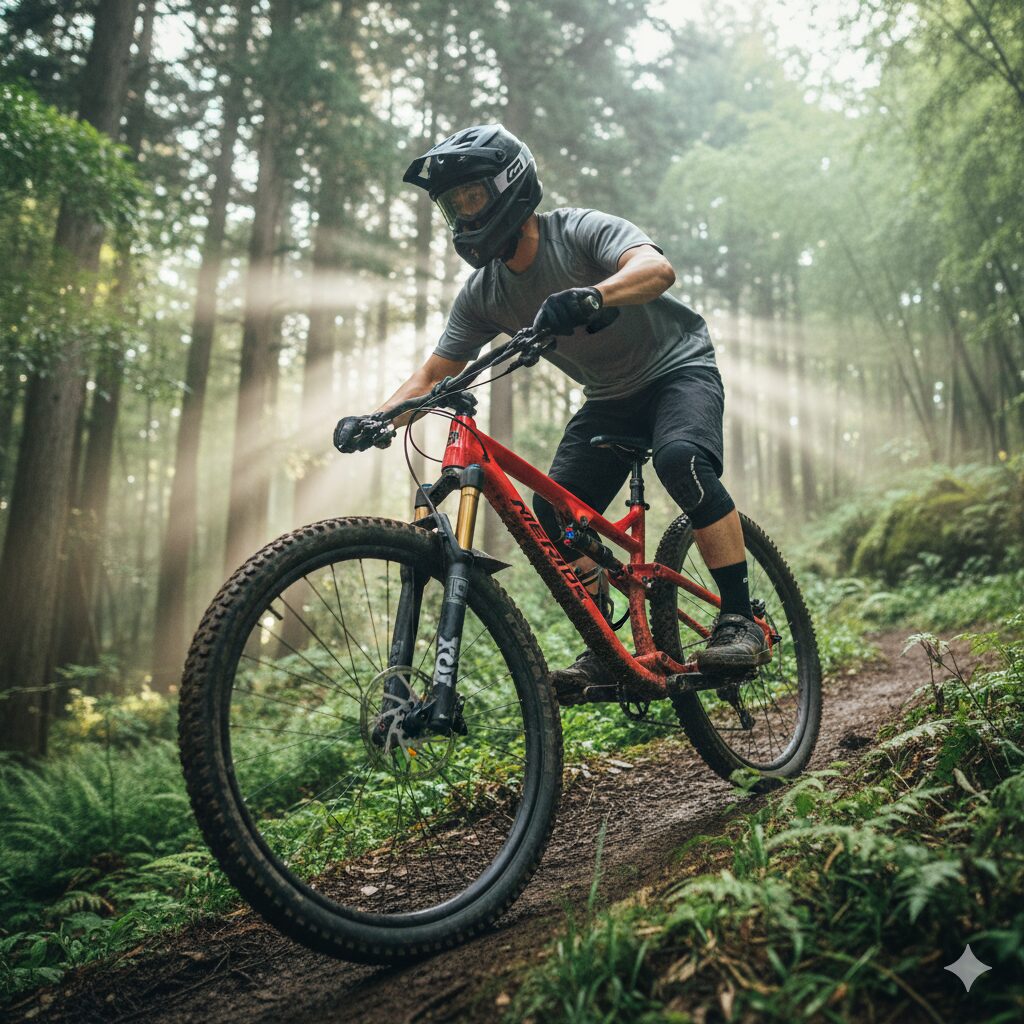 メリダの万能型フルサスバイク「ONE-TWENTY」に乗り、日本のトレイルを登るサイクリスト。