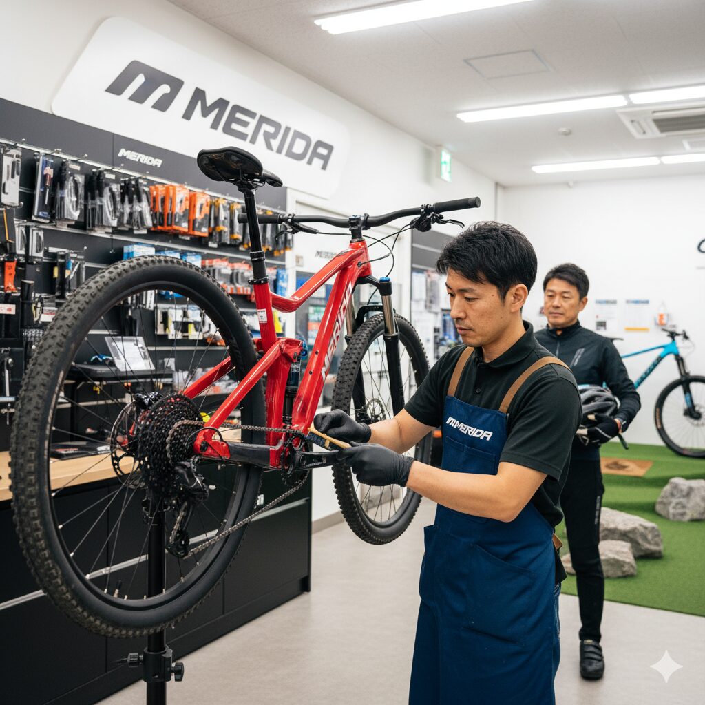 正規販売店（メリダパートナーショップ）で、マウンテンバイクの専門的なメンテナンスを受ける様子。
