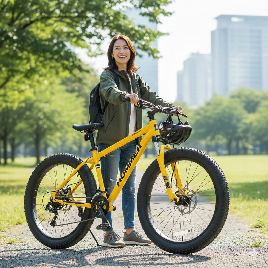 公園で黄色のハマーファットバイクの隣に立ち、笑顔で遠くを見つめる美しい日本人女性。彼女はリュックを背負い、カジュアルな服装で自転車ライフを楽しんでいる様子。
