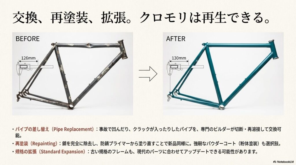 錆びて凹んだ古いフレーム（Before）が、ビルダーによる修理と再塗装、エンド幅の拡張を経て、美しく再生された状態（After）の比較写真。
