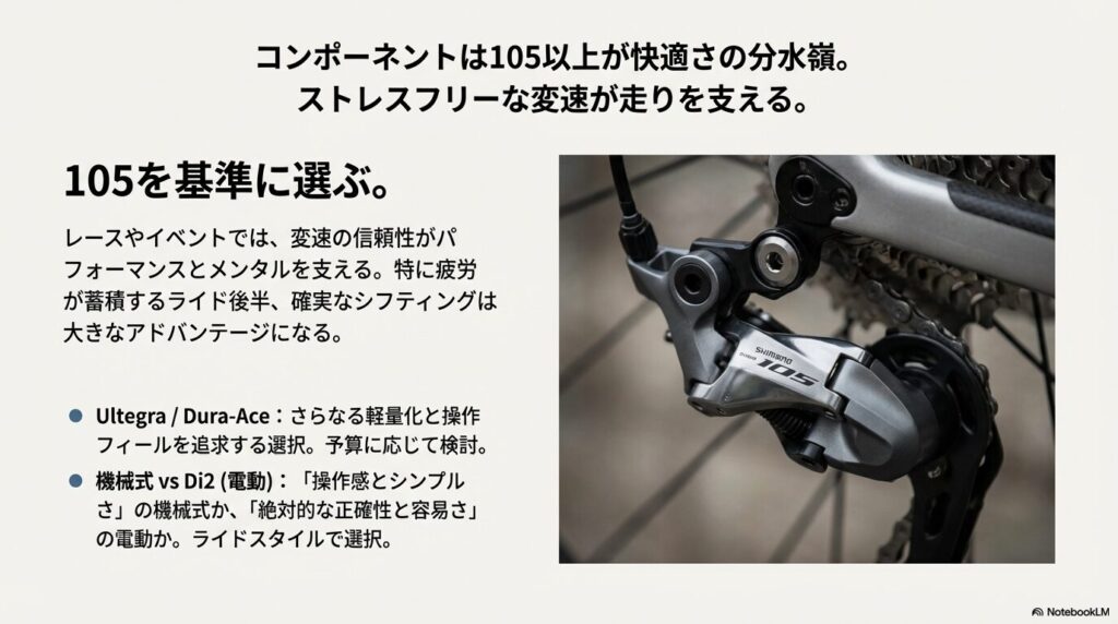 代替テキスト： シマノ105を基準としたコンポーネント選びと、機械式・Di2の選択基準についての解説。