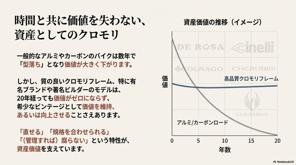 経過年数（0〜20年）に伴う価値の推移グラフ。アルミ・カーボンが急速に価値を落とすのに対し、高品質なクロモリフレームはビンテージとして価値を維持、向上させる傾向を示す。