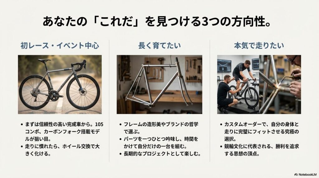 初レース、長期育成、本気走行（カスタムオーダー）の3つの目的に合わせた選び方の提案。