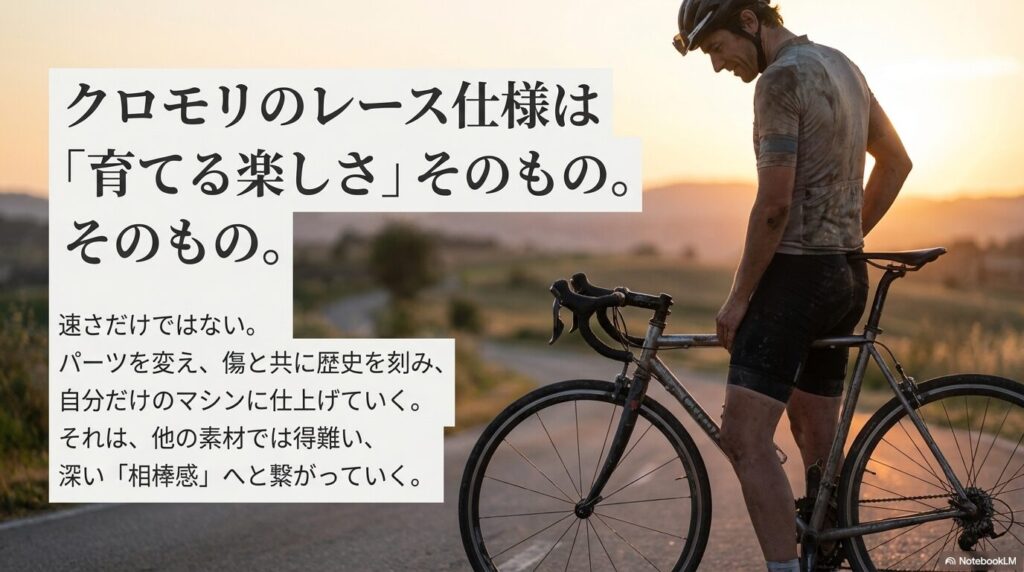 速さだけでなく、パーツ交換や歴史を刻むことで得られる「相棒感」について語るメッセージ。