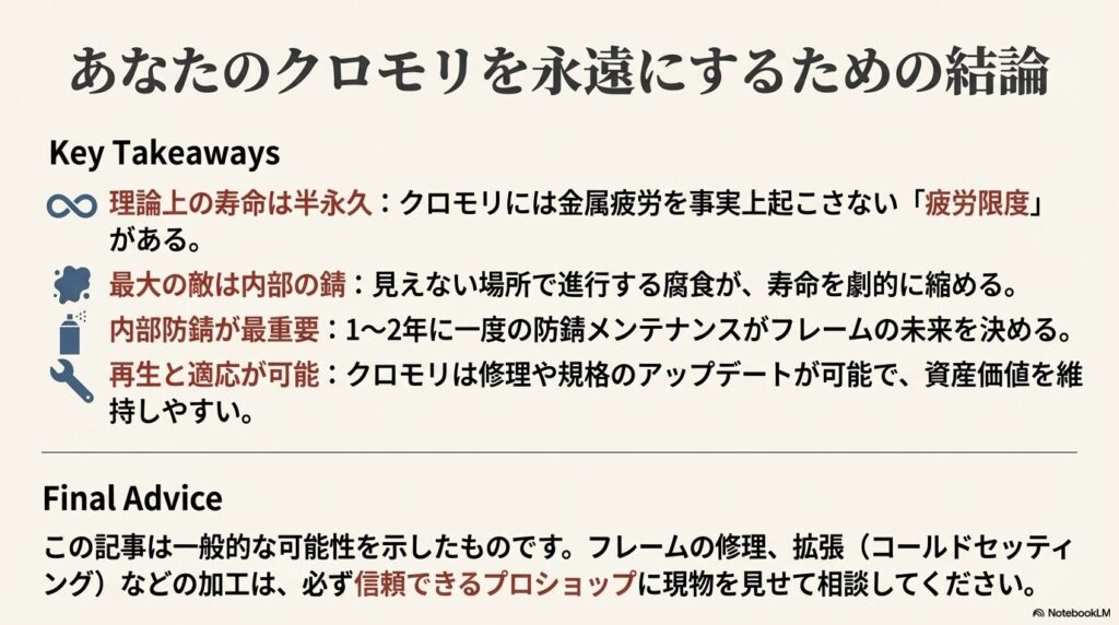記事の要約スライド。理論上の寿命は半永久、最大の敵は内部の錆、1〜2年ごとの防錆メンテナンスが最重要、修理と再生が可能といった重要事項のリスト。