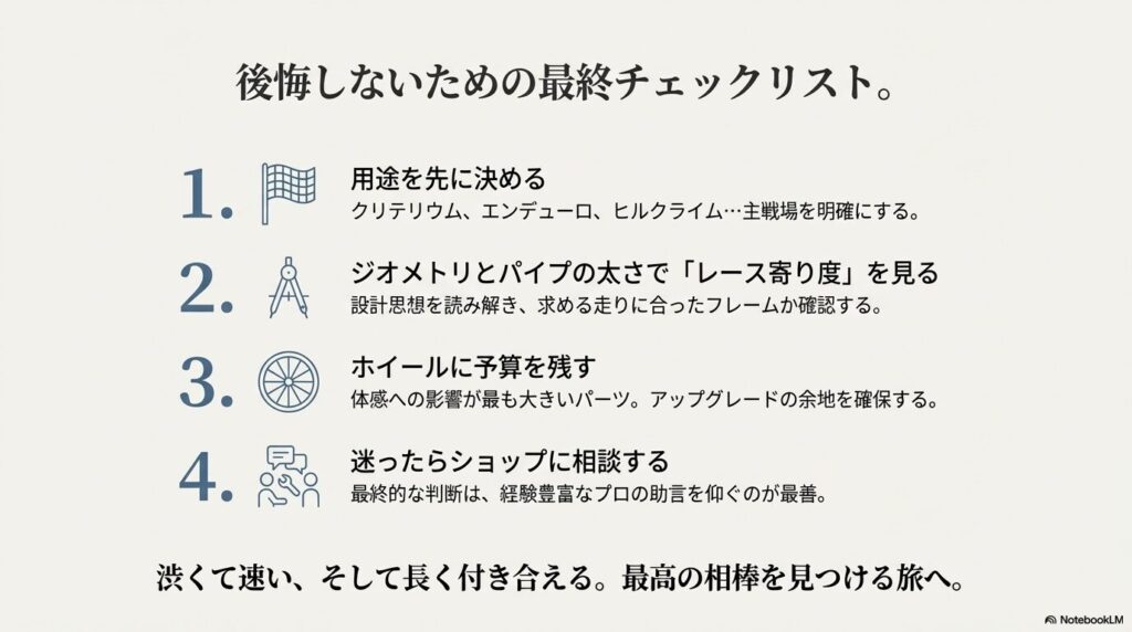 用途の決定、ジオメトリの確認、ホイール予算の確保など、購入前の4つの重要確認事項。