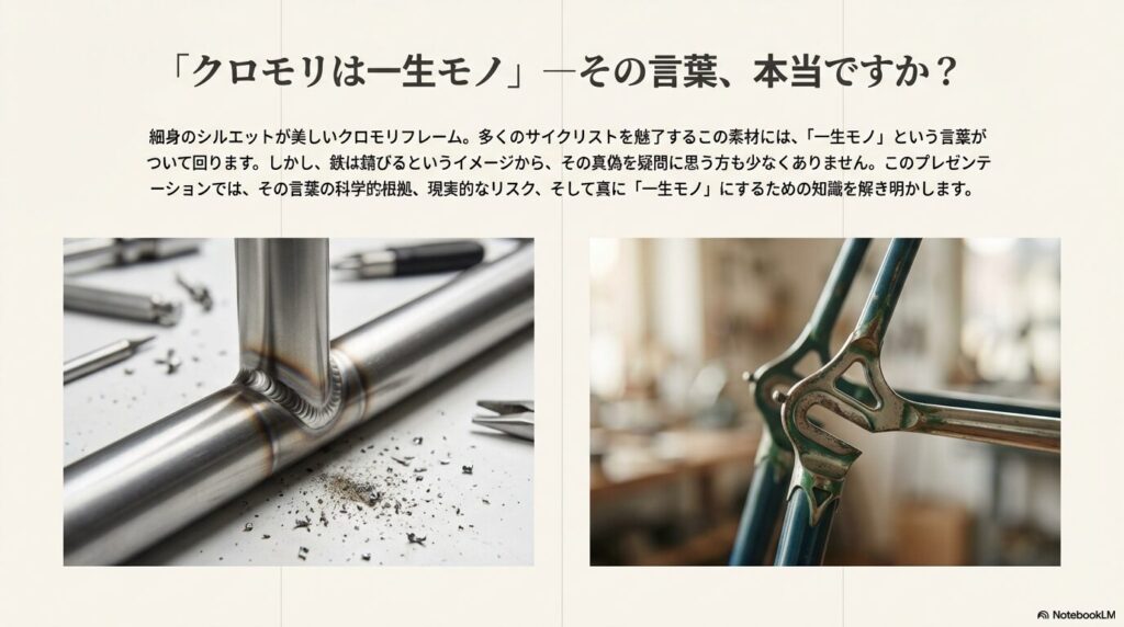 美しいラグ溶接のクロモリフレームのアップ写真。細身のシルエットがサイクリストを魅了する背景と、一生モノという言葉の真偽を問う導入スライド。