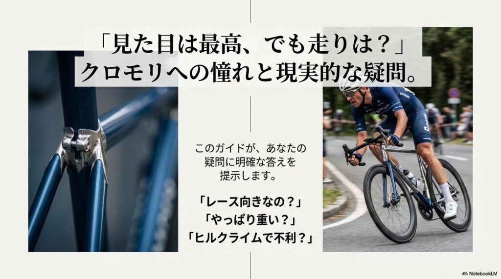レース向きか、重いか、ヒルクライムで不利かといった、クロモリバイクに対する一般的な疑問を提示するスライド。