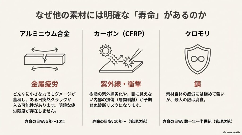 アルミ（金属疲労、5〜10年）、カーボン（紫外線・衝撃、10年〜）、クロモリ（錆、数十年〜半世紀）の寿命目安と主な劣化要因を比較したアイコン付き表。