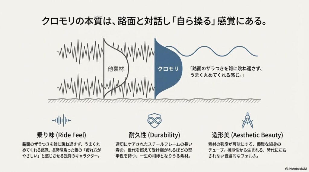 クロモリの乗り味、耐久性、造形美の3つの特徴を解説した図解スライド。