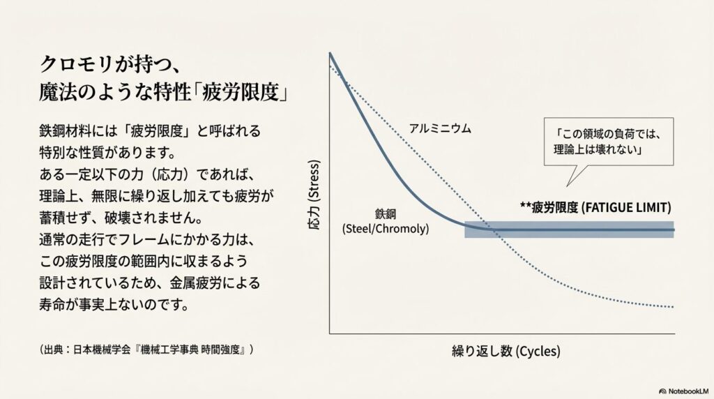 応力と繰り返し数の関係を示すS-N曲線グラフ。アルミニウムにはない、鉄鋼特有の「疲労限度（一定以下の負荷では理論上壊れない領域）」を視覚的に解説。