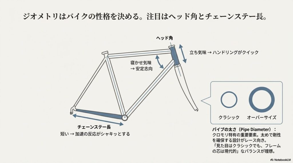 ヘッド角やチェーンステー長、パイプの太さがハンドリングや加速反応に与える影響を解説したフレーム図。