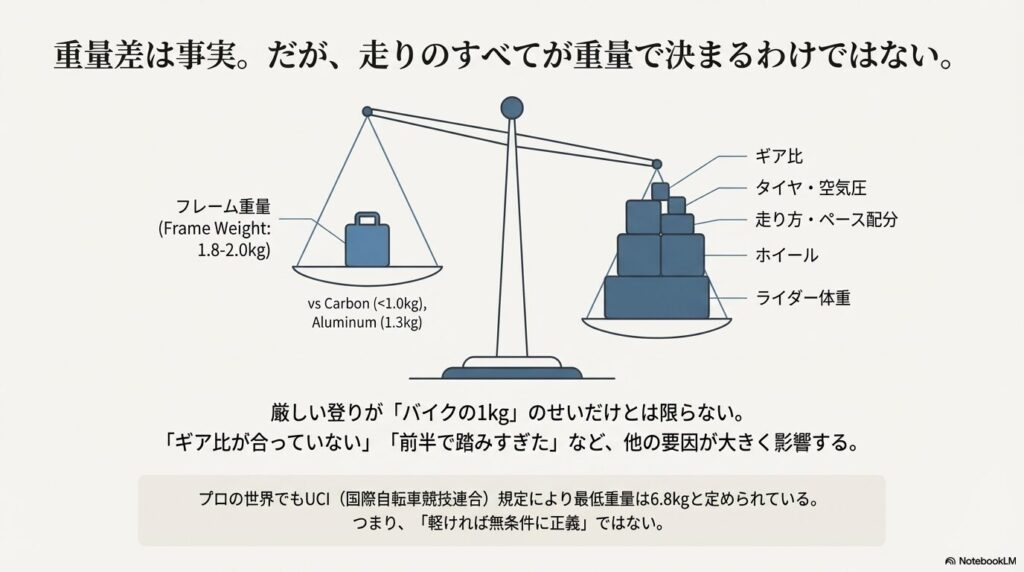 フレーム重量と、それ以外（ギア比、タイヤ、走り方等）の走りに影響する要因を天秤で表現した比較図。