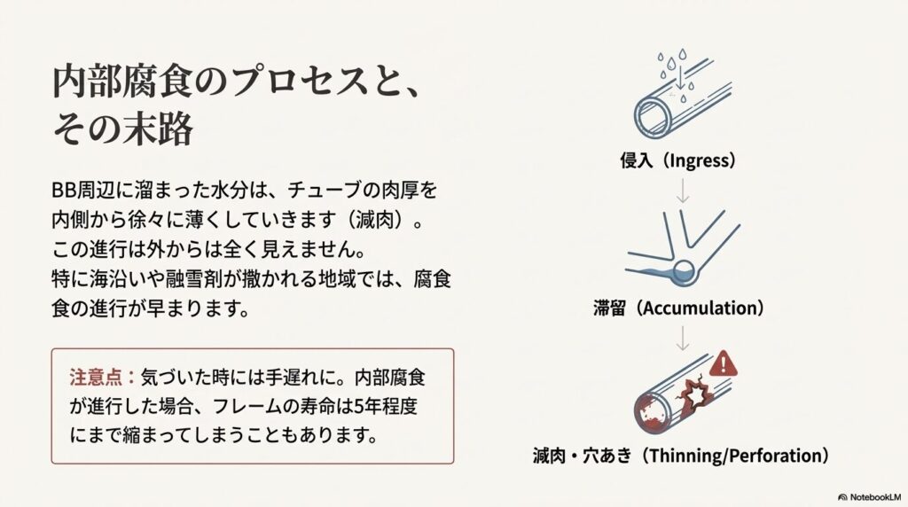 水分の侵入、滞留、そしてチューブ内側が錆びて薄くなる「減肉」プロセスを経て、最終的に穴が開いたり破断したりする危険性を示すイラスト。