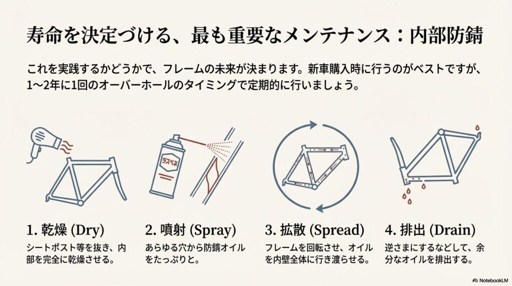 内部防錆の手順。1.乾燥、2.噴射（ラスペネ等の防錆オイル）、3.拡散（フレームを回転）、4.排出（余分なオイルを抜く）の4工程をイラストで解説。