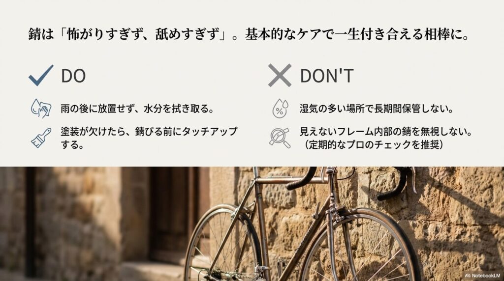 クロモリフレームの錆対策におけるDO（水分を拭き取る、タッチアップ等）とDON'T（湿気放置等）のチェックリスト
