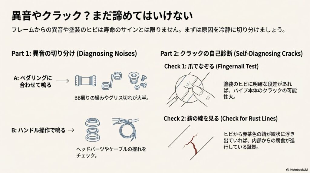 異音の切り分け（ペダリング時かハンドル操作時か）と、クラックの自己診断（爪で段差を確認、錆の線の有無を確認）のチェックポイントをまとめた図解。