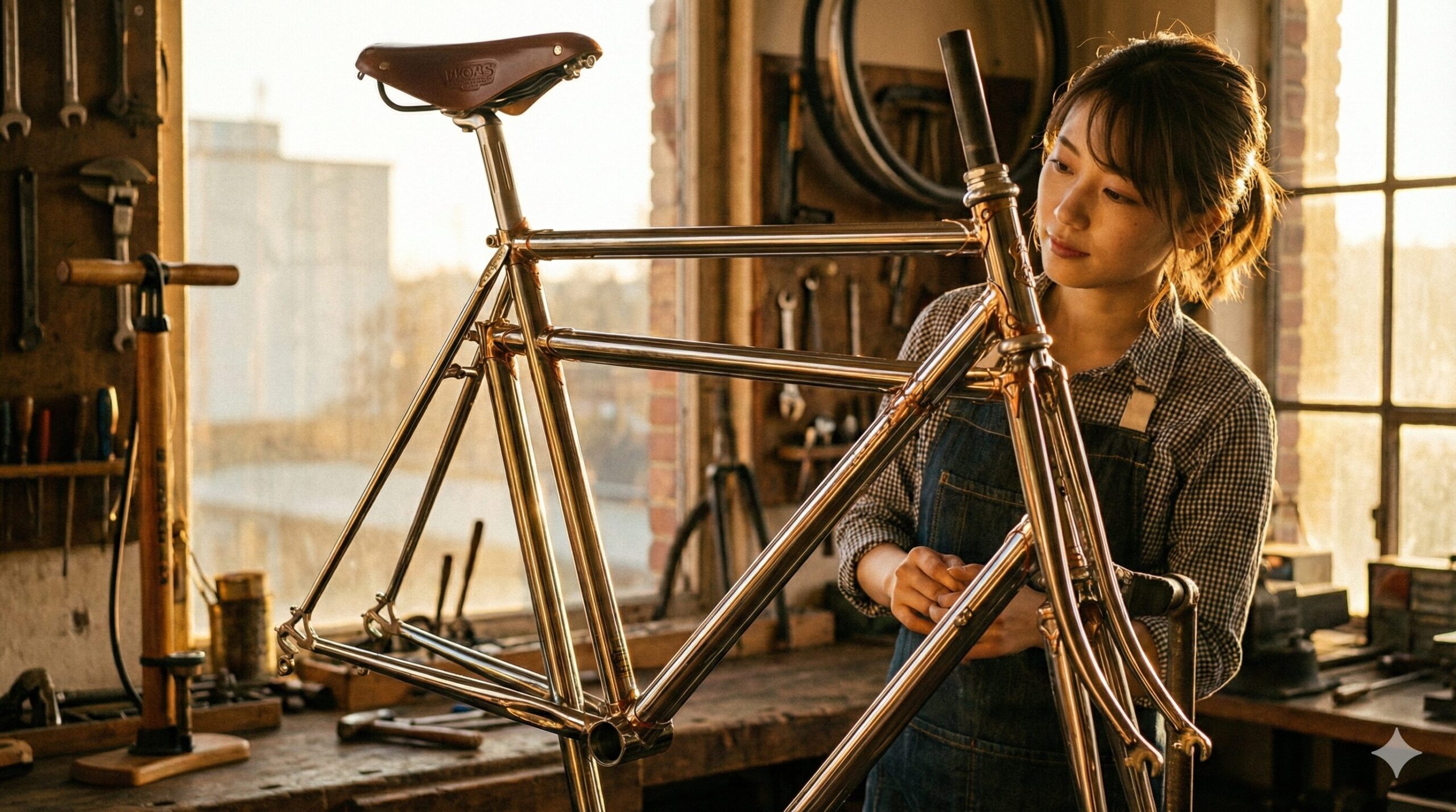 「クロモリフレームの寿命は一生？何年もつか真実を解説」というブログ記事のアイキャッチ画像。工房に佇む美しいクロモリ製ロードバイクの風景。