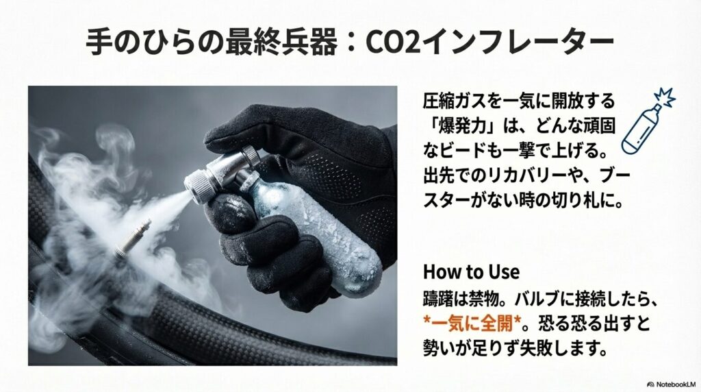 CO2インフレーターからガスを一気に放出してビードを上げるイメージ写真。