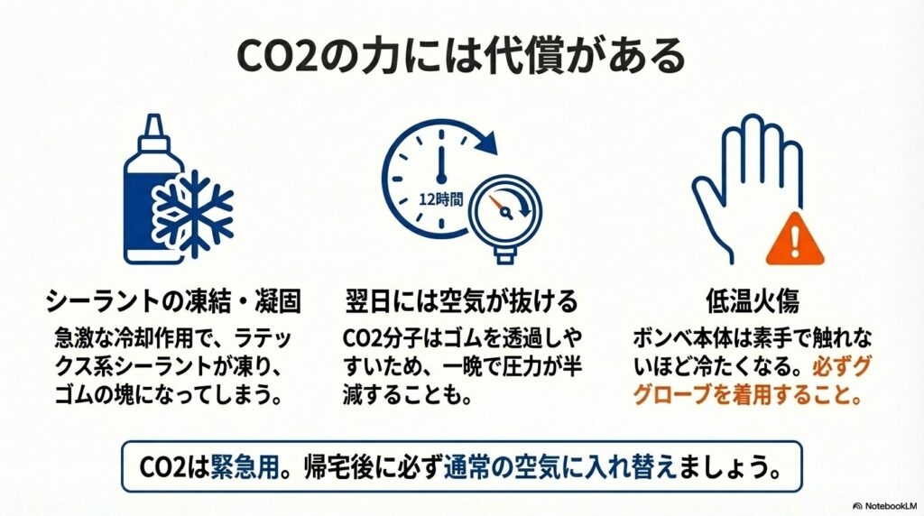 シーラントの凍結、ガスの抜けやすさ、ボンベの冷たさによる低温火傷の注意を促すアイコン。
