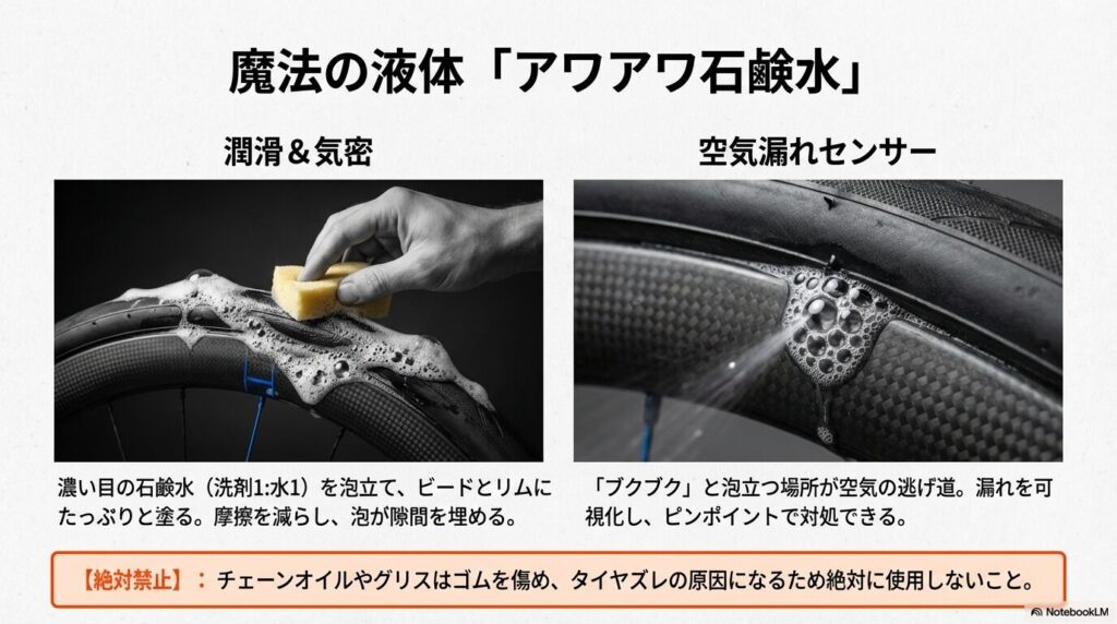 スポンジでタイヤのビードに石鹸水を塗る様子と、空気漏れで泡立つ箇所をチェックしている写真。