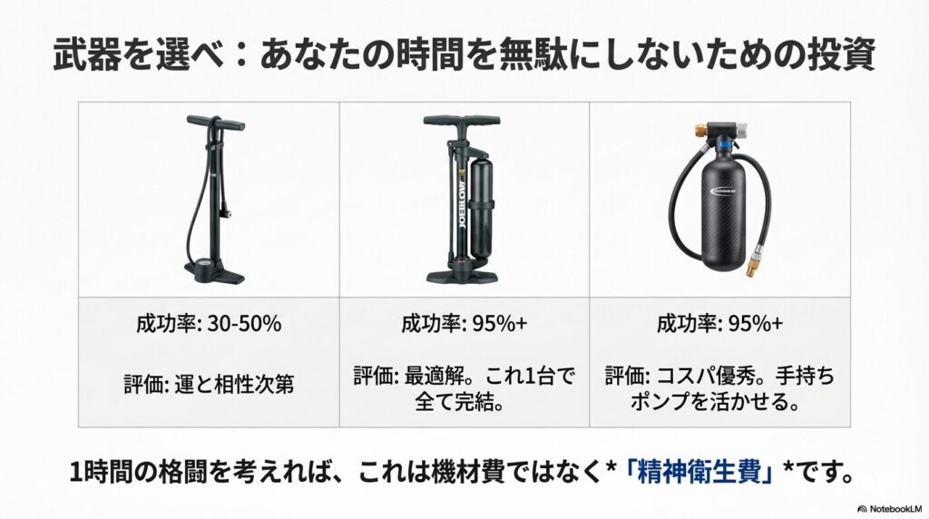 標準フロアポンプ、チャンバー付きポンプ、エアブースターのビード上げ成功率と評価を比較した表。