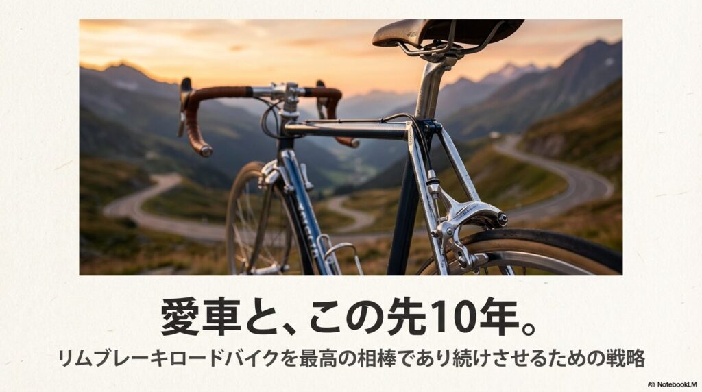 夕暮れの山道を走るリムブレーキのロードバイクと、10年乗り続けるための戦略というタイトル