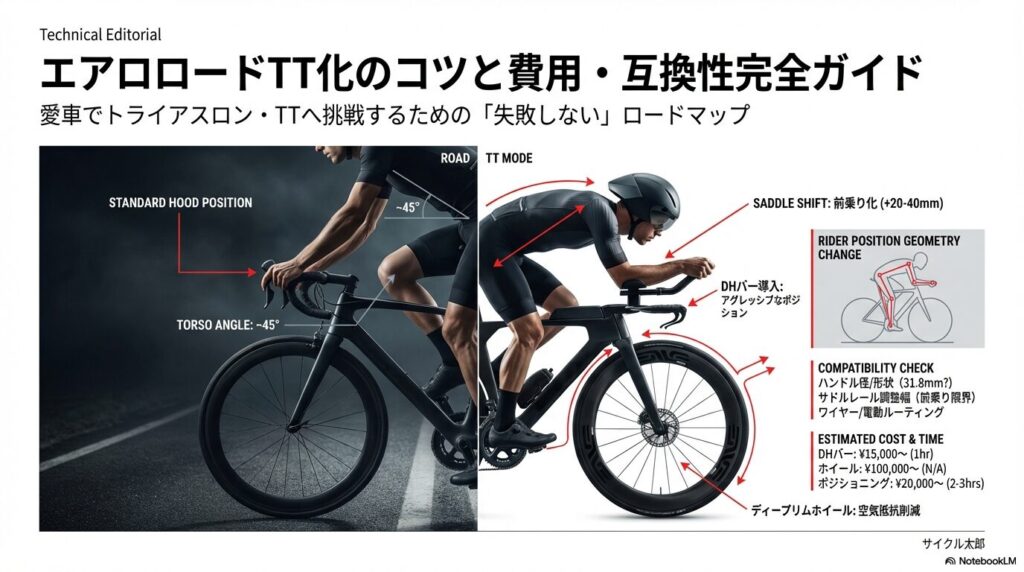 ロードバイク通常時とTTモードの比較。DHバー導入、サドル前方移動、ディープリムホイールなどの変更点と、概算費用・時間のまとめ。