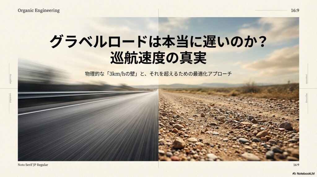 グラベルロードバイクの巡航速度の真実と物理的な「3km/hの壁」を超えるための最適化アプローチについてのスライド表紙