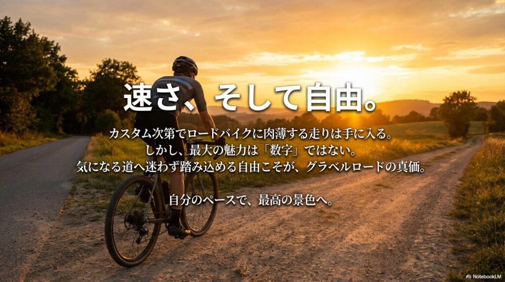 カスタムによる速度向上と、気になる道へ迷わず踏み込めるグラベルロードの最大の魅力である「自由」を表現したイメージ