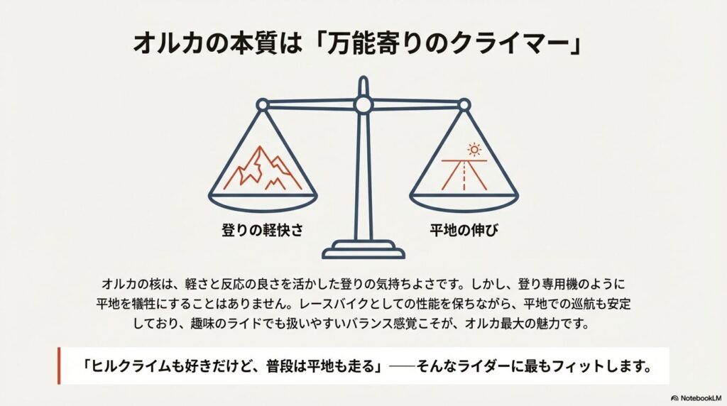 天秤のイラスト。左に登りの軽快さ、右に平地の伸びが描かれ、オルカの本質が万能寄りクライマーであることを示す。