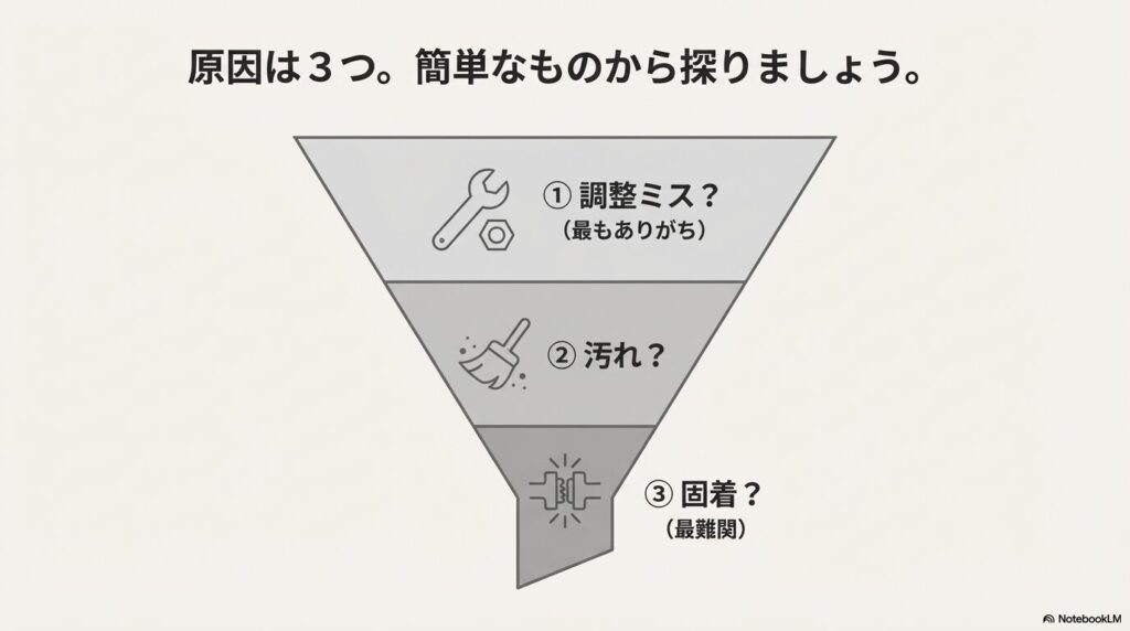 サドルレバーが動かない原因を調整ミス・汚れ・固着の3段階で示した逆三角形の図解