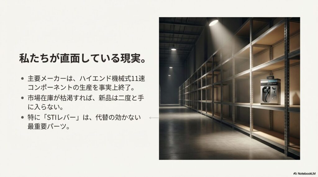 ガラガラの棚に一つだけ置かれたSTIレバーの箱。主要メーカーの生産終了と在庫枯渇のリスクを説明する画像