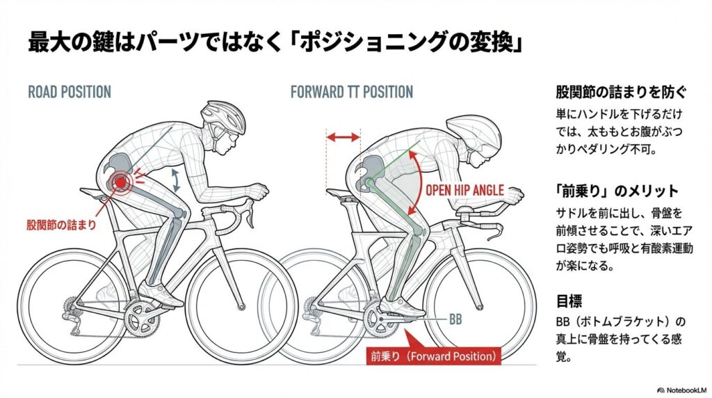通常のロード姿勢では股関節が詰まるが、前乗りTTポジションにすることでヒップアングルが広がり、深い前傾でも呼吸とペダリングが楽になる仕組みの解説。