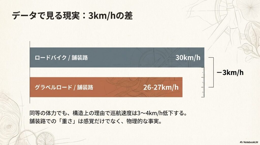 同等の体力でも構造上の理由で巡航速度が $3\sim4km/h$ 低下することを示す、ロードバイク（$30km/h$）とグラベルロード（$26\sim27km/h$）の速度比較グラフ