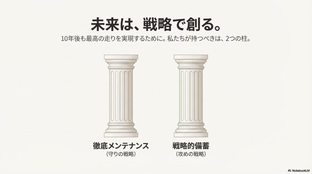 「徹底メンテナンス（守りの戦略）」と「戦略적備蓄（攻めの戦略）」という2本の柱を示した図解