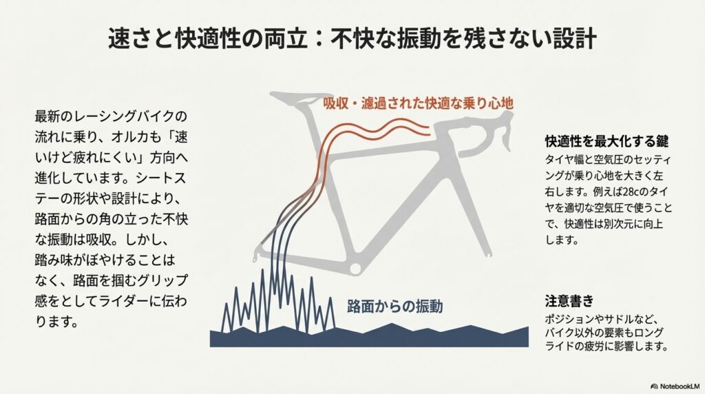 フレームが路面からの振動を吸収・濾過する図解。28cタイヤの使用による快適性向上も示唆。