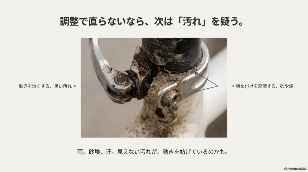 砂や泥、黒い汚れが付着した自転車のシートクランプの実物写真と解説