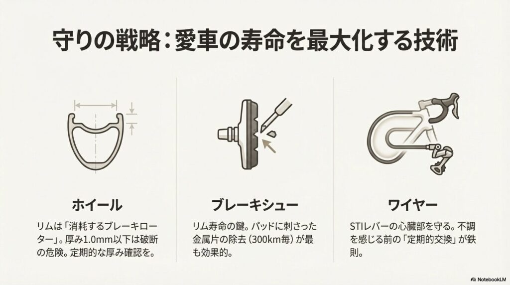 リムの厚み確認、ブレーキシューの金属片除去、ワイヤーの定期交換を説明するテクニカルイラスト