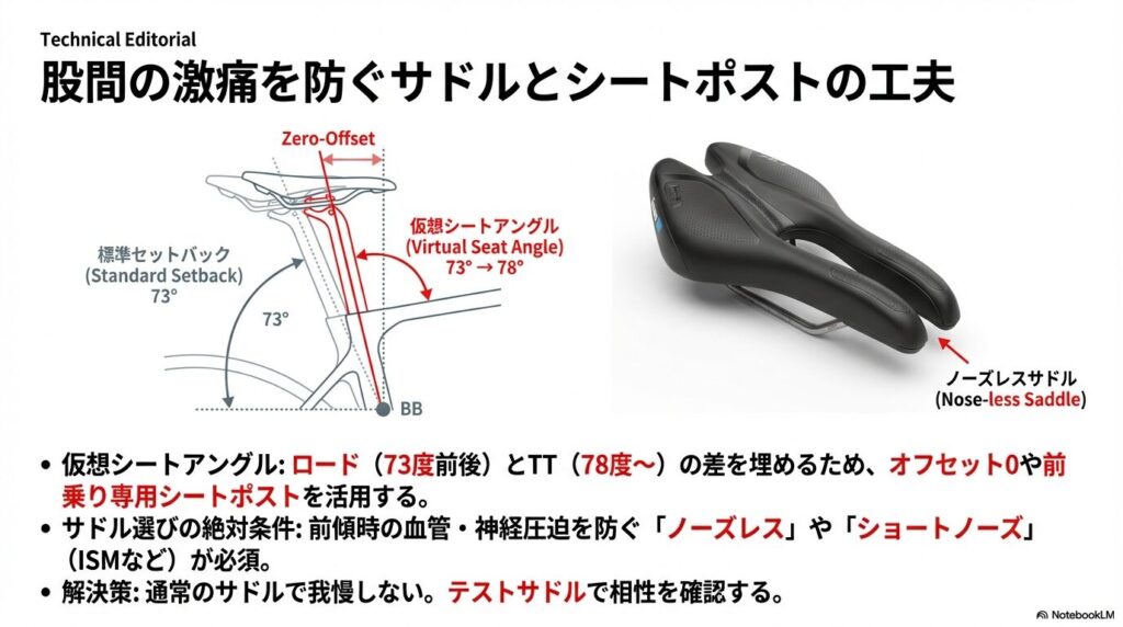 ゼロオフセットのシートポストによる仮想シートアングルの補正（73度から78度へ）と、会陰部の圧迫を防ぐノーズレスサドルの図解。