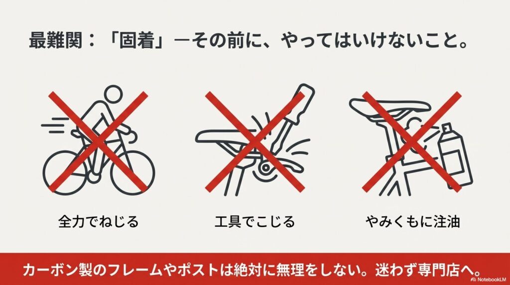固着したサドルを無理にねじる、工具でこじる、注油を過度に行うことを禁止するアイコン図解